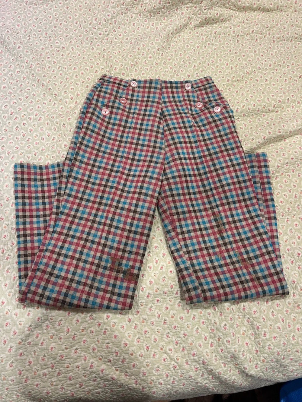 Vintage Pink Blue Red Plaid High-Waist Pants